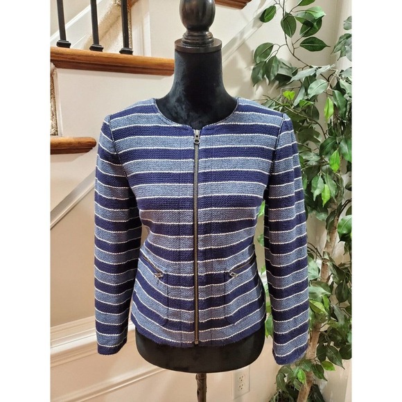Front Jackets & Blazers - Loft Women's Blue Striped Cotton Long Sleeve Full Zip Front Casual Jacket Size 6